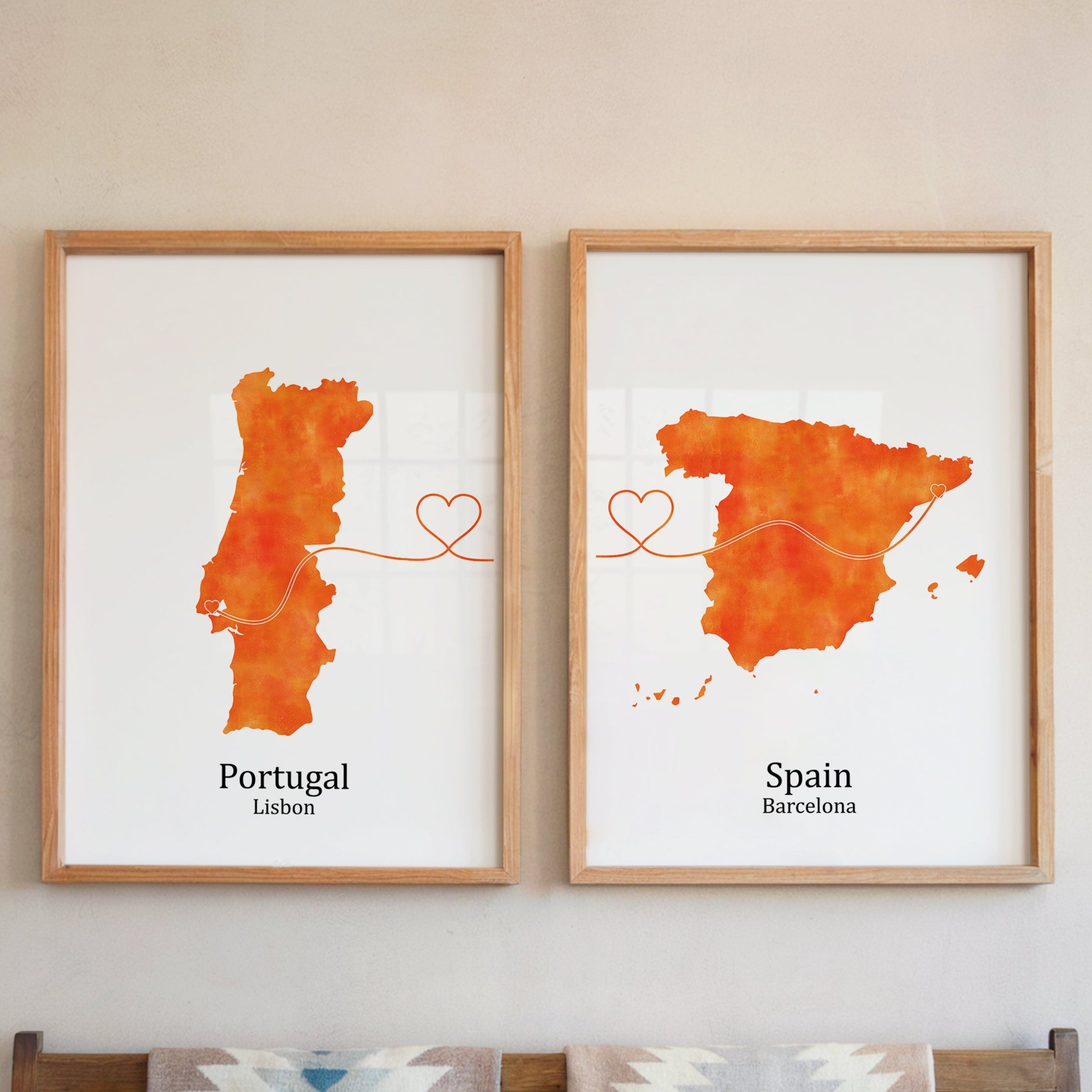 Personalized Country Travel Art Prints – Set of Two Posters – Heart Link Design