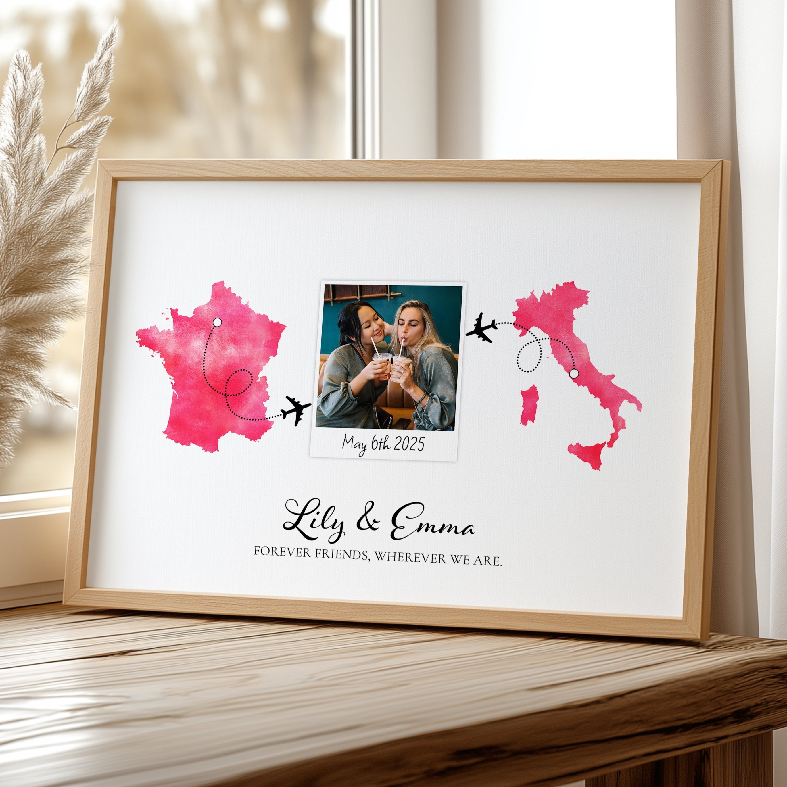 Personalised Polaroid Photo Travel Map Print – Any Two Locations – Perfect Anniversary or Wedding Gift