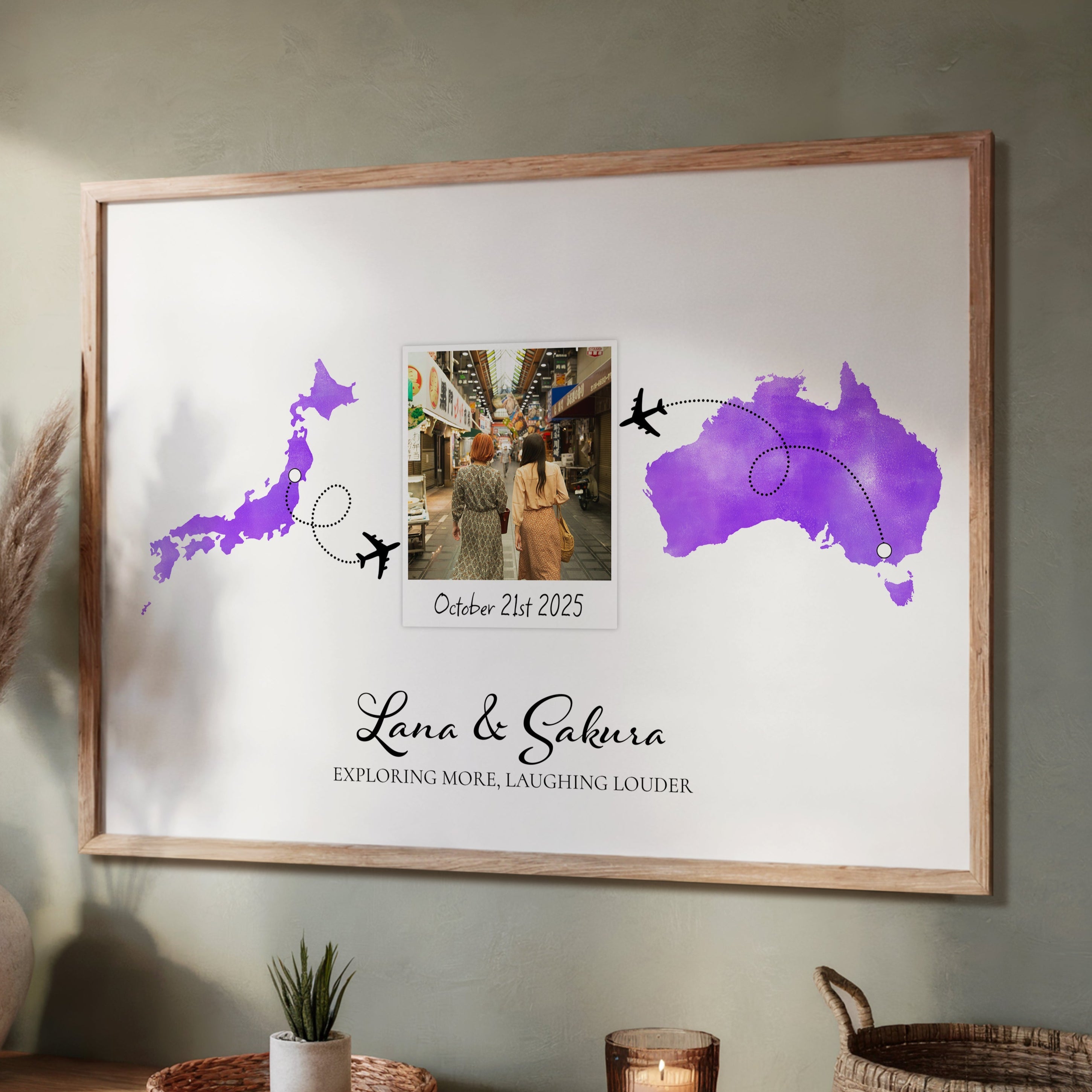 Personalised Polaroid Photo Travel Map Print – Any Two Locations – Perfect Gift for Friends Abroad