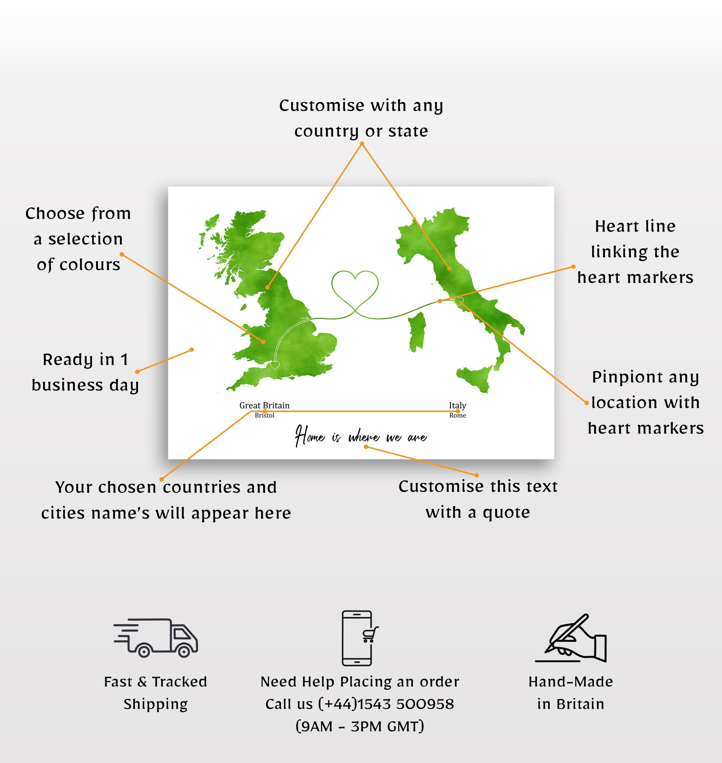 Personalised Travel Map Print – Any Two Locations – Heart Link Design