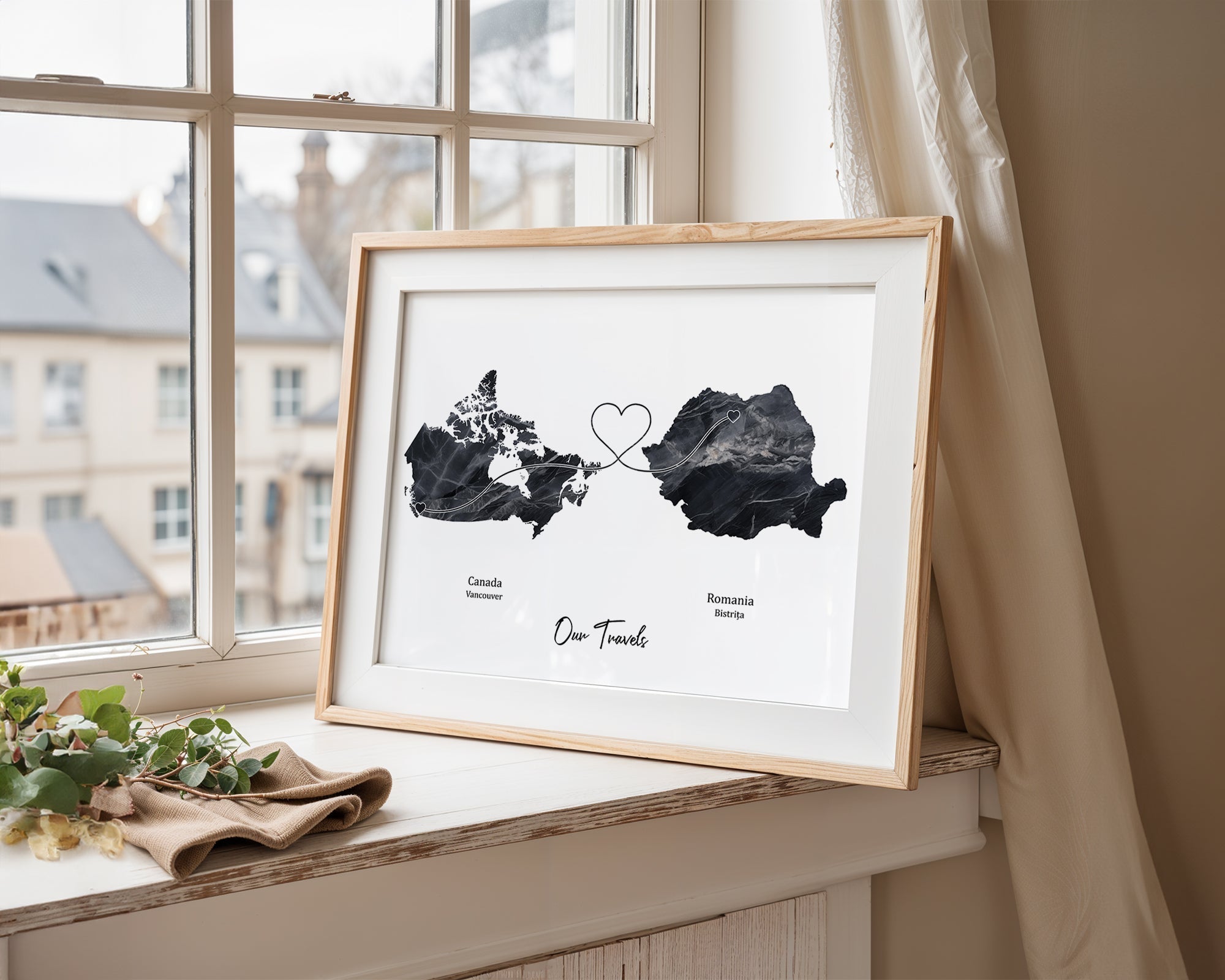 Personalised two location Print 2.0 - Dark Marble Effect - Custom Line