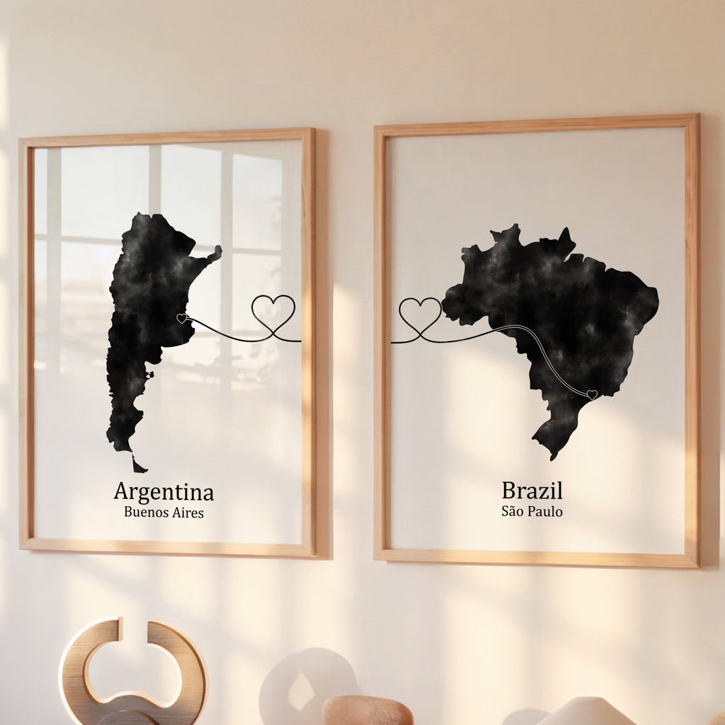 Personalized Country Travel Art Prints – Set of Two Posters – Heart Link Design