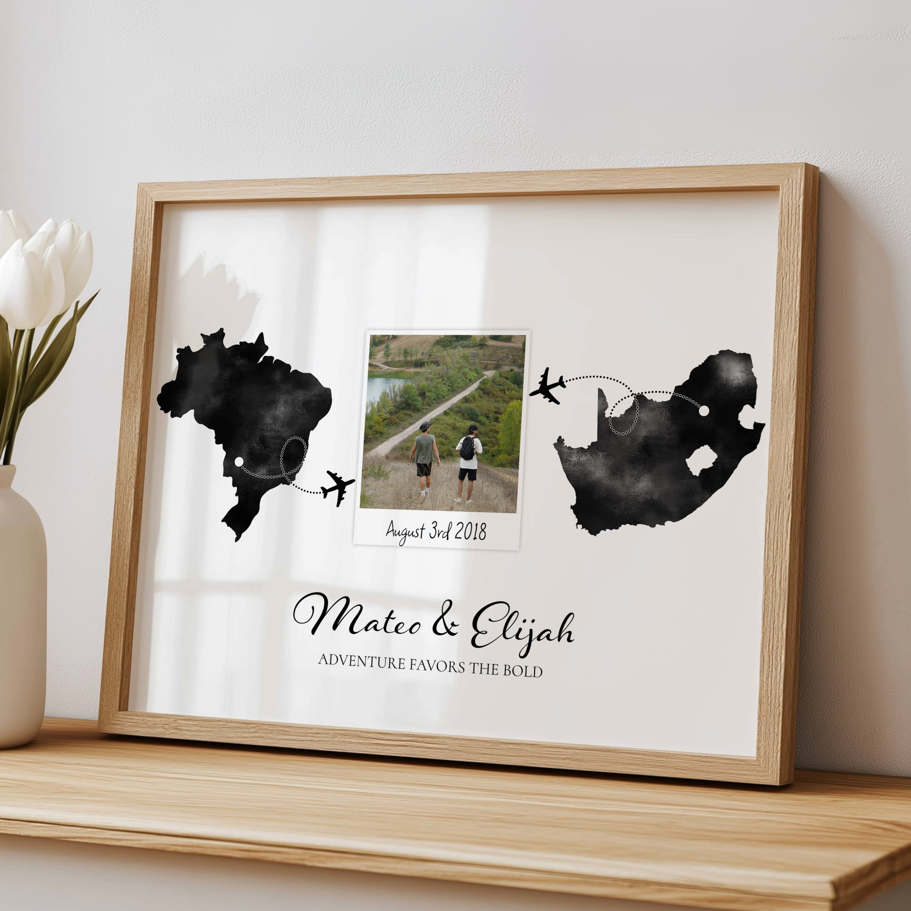 Personalised Polaroid Photo Travel Map Print – Any Two Locations – Perfect Travel Journey Gift