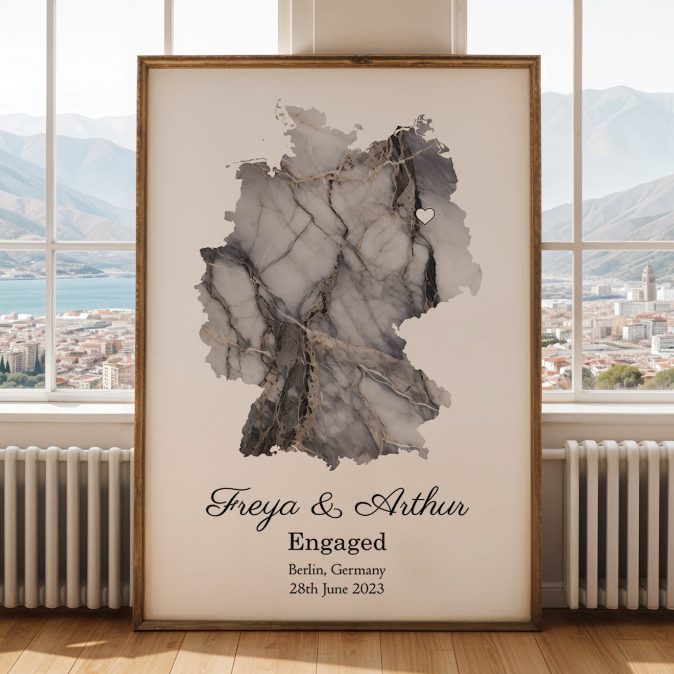 Personalized Engagement Dark Marble Effect Map Print - Any Country
