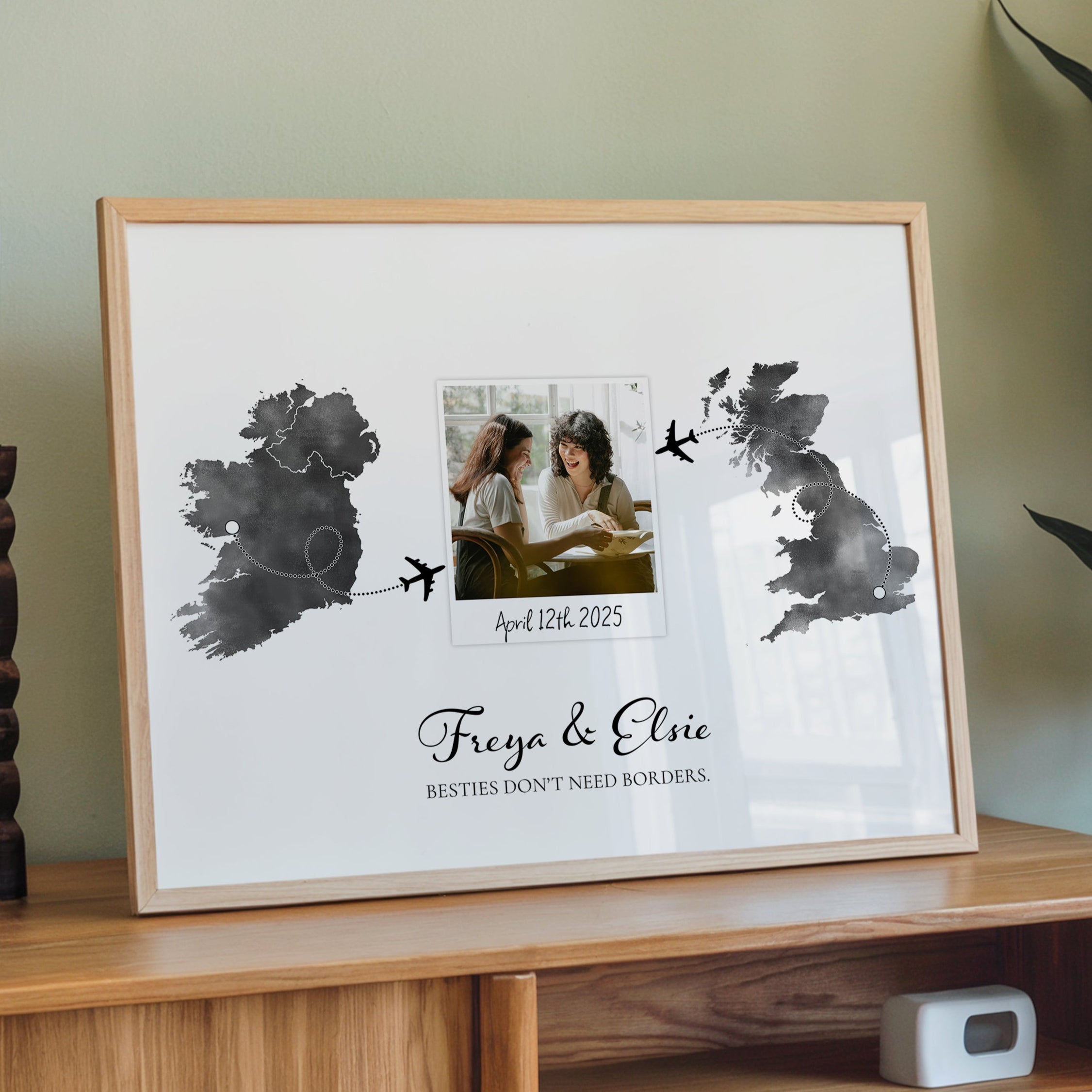 Personalised Polaroid Photo Travel Map Print – Any Two Locations – The Perfect Gift for Travel Besties