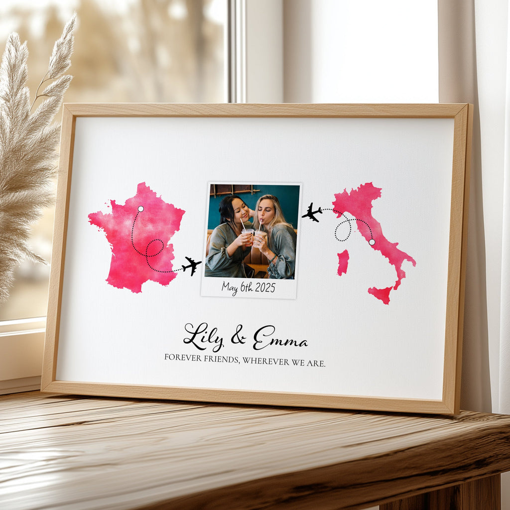 Personalised Polaroid Photo Travel Map Print – Any Two Locations – Perfect Anniversary or Wedding Gift