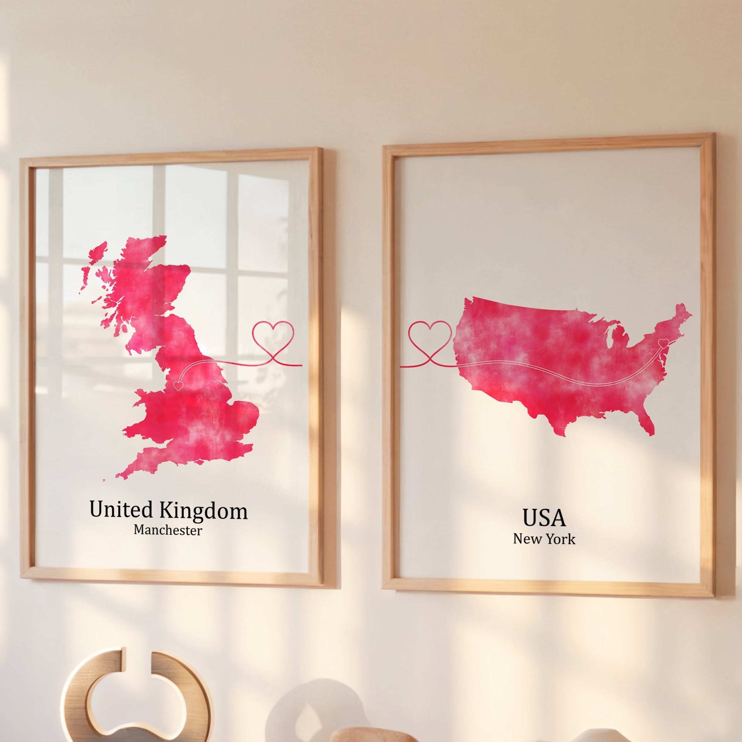 Personalized Country Travel Art Prints – Set of Two Posters – Heart Link Design