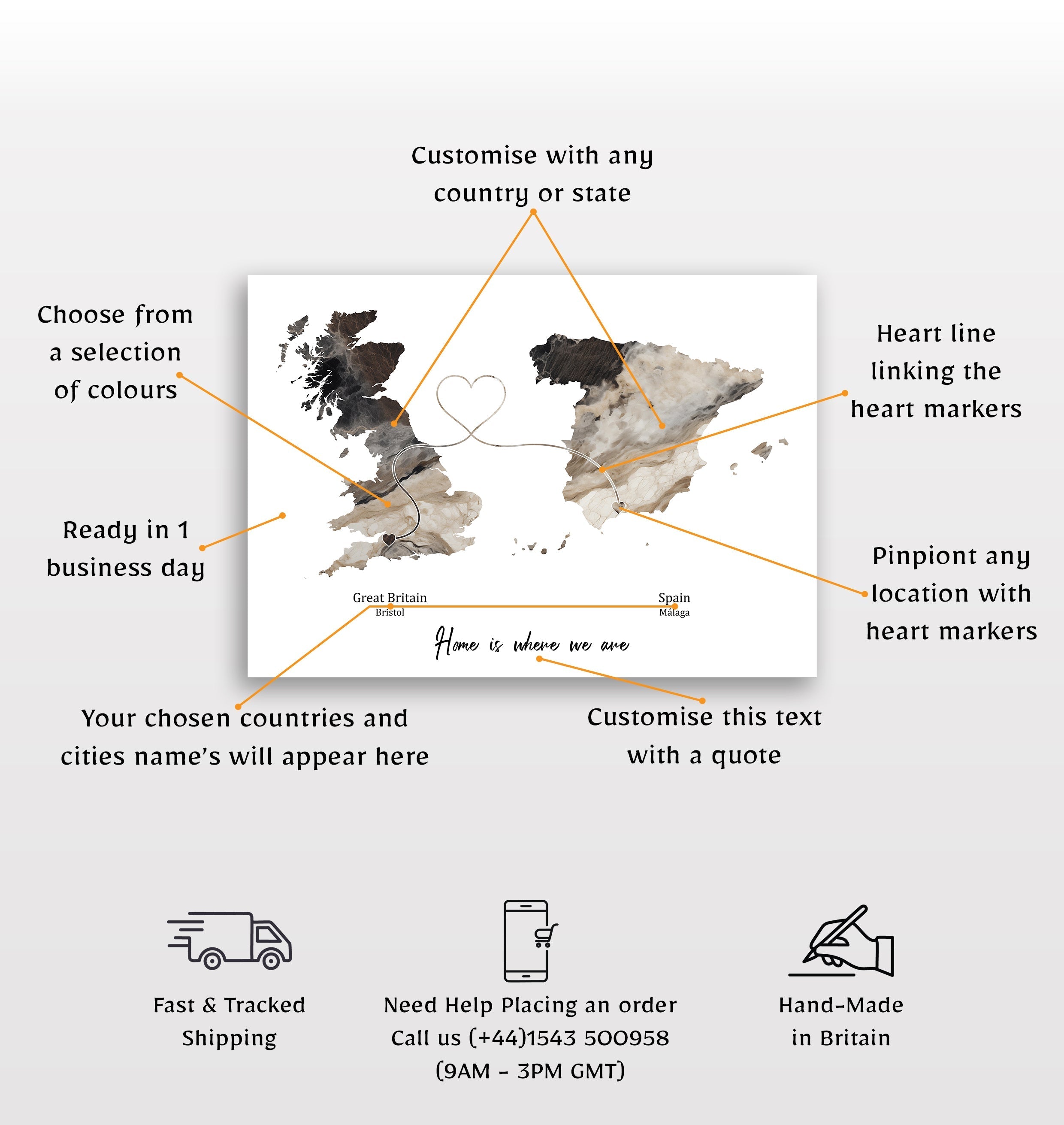 Personalised two location Print 2.0 - Dark Marble Effect - Custom Line