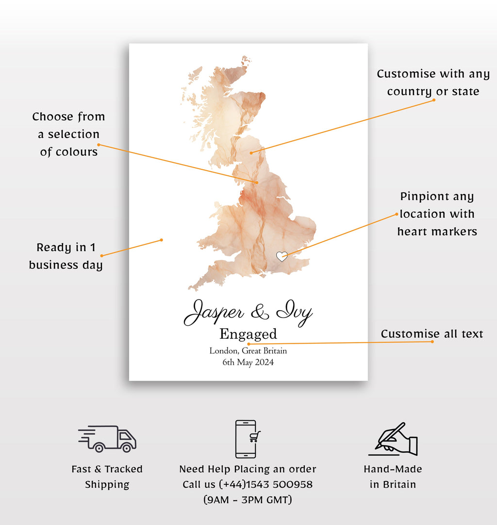 Personalized Engagement Light Marble Effect Map Print - Any Country