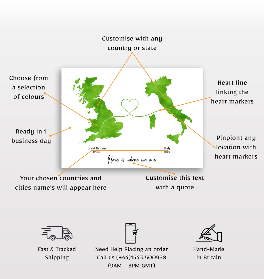 Personalised Travel Map Print – Any Two Locations – Heart Link Design