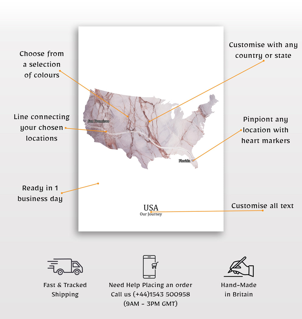 Personalized Light Marble Effect Map Print - Any Country